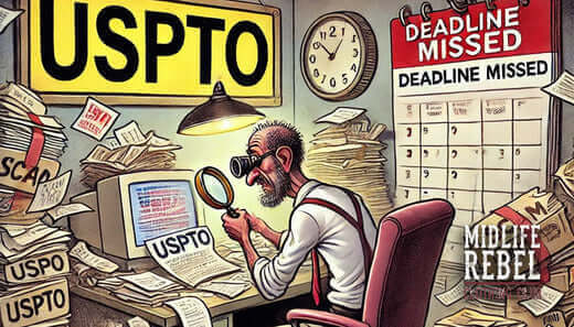 Cartoon showing a stressed man at a cluttered desk with USPTO papers and a "Deadline Missed" sign, symbolizing patent chaos.