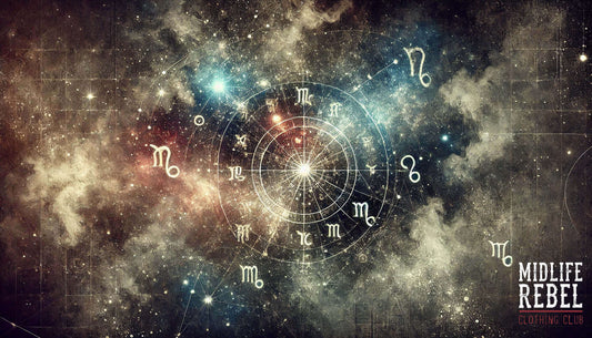 A mystical and gritty cosmic background featuring faint zodiac constellations and symbols glowing subtly in the night sky.