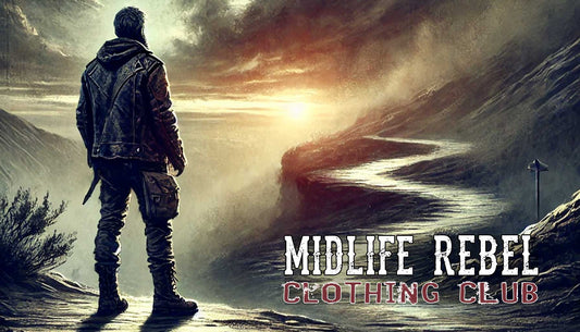 Person standing on winding road with "Midlife Rebel Clothing Club" text, symbolizing resilience in middle age.