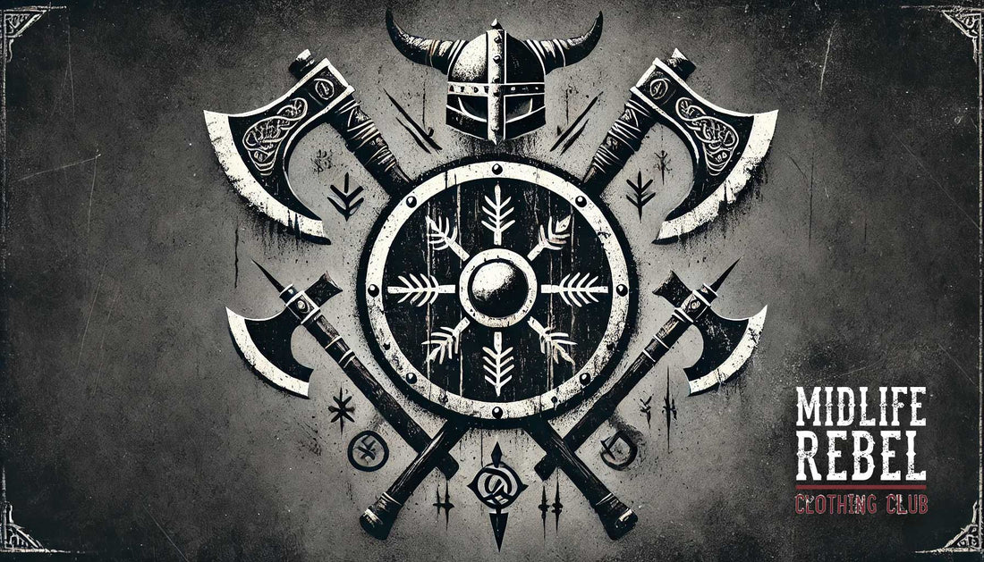 Viking-inspired design featuring a helmet, axes, and shield emblem for Midlife Rebel Clothing Club.