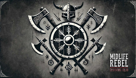 Viking-inspired design featuring a helmet, axes, and shield emblem for Midlife Rebel Clothing Club.