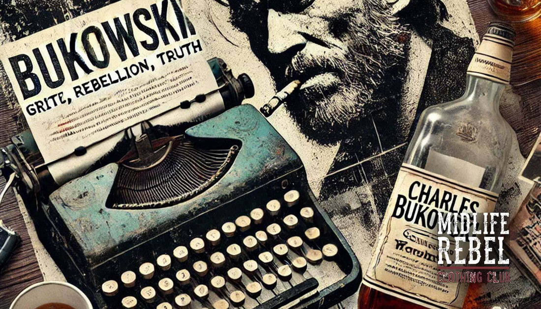 Vintage typewriter and whiskey bottle, channeling the gritty rebellion and truth of Charles Bukowski's literary spirit.