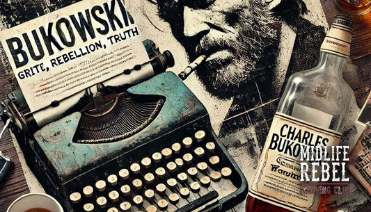Vintage typewriter and whiskey bottle, channeling the gritty rebellion and truth of Charles Bukowski's literary spirit.