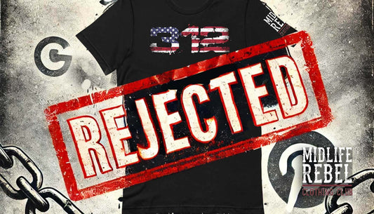 Political t-shirt with "312" design labeled rejected by Midlife Rebel amidst Google and Pinterest logos.