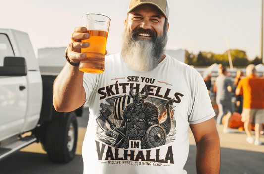 See You Skíthæls in Valhalla Midlife Rebel Clothing Club man holding a drink at a tailgate party