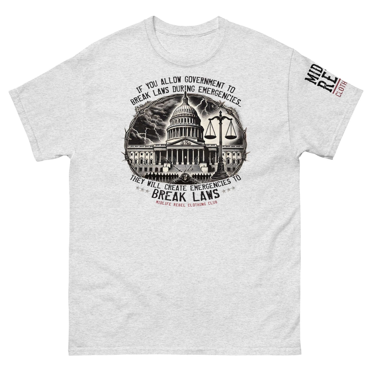 Classic tee featuring a bold political message with a crumbling government building and broken scales of justice design.