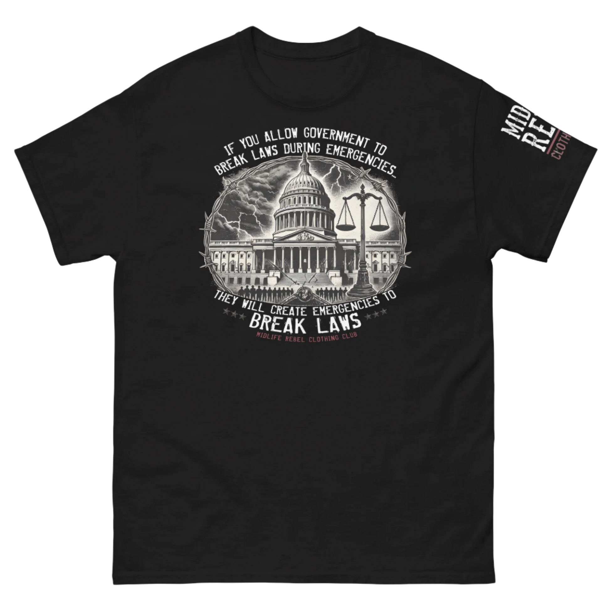 Political tee with government building and broken scales, message on unchecked power, Midlife Rebel Collection.