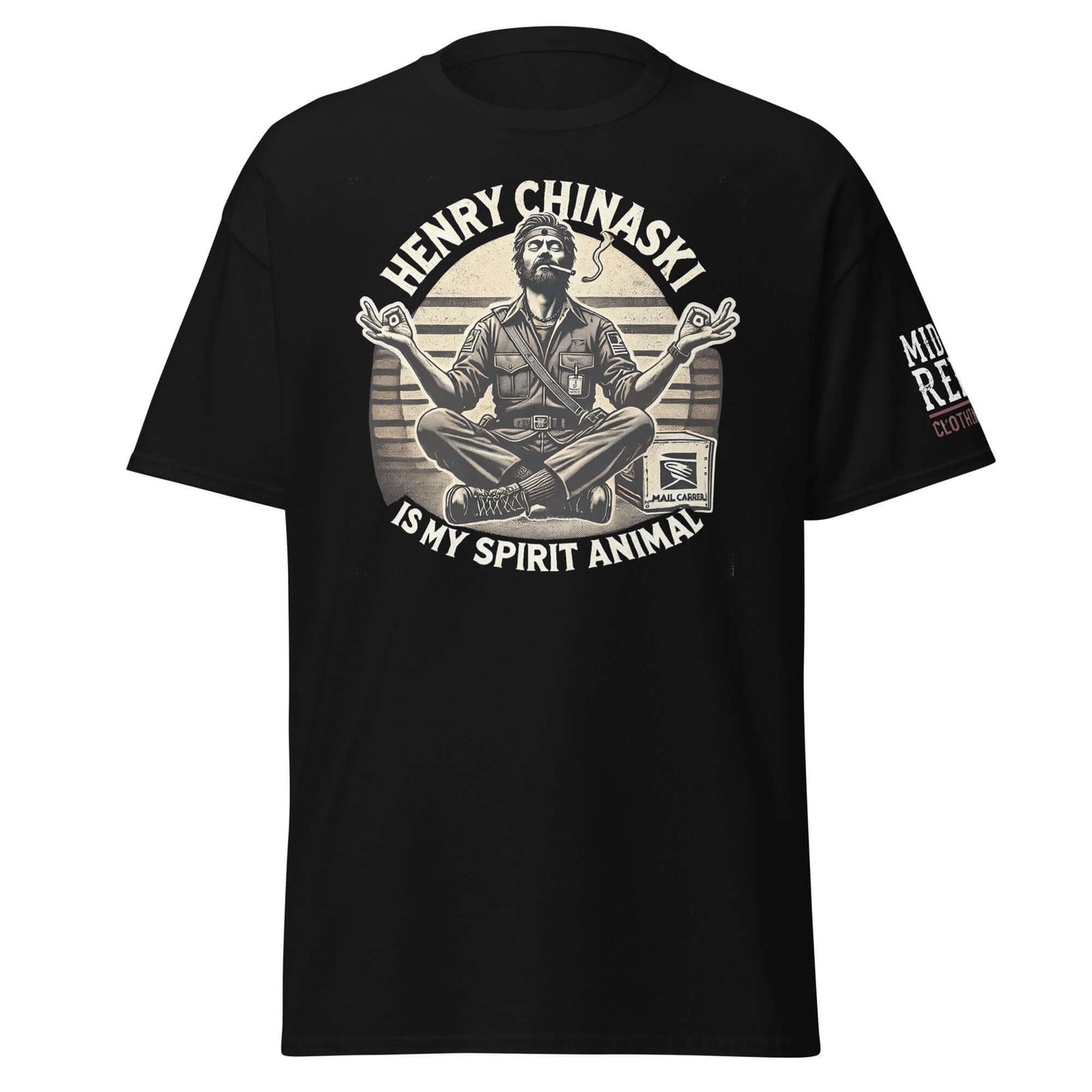 Unisex black tee with "Henry Chinaski Is My Spirit Animal" design, celebrating Charles Bukowski's iconic literary alter ego.