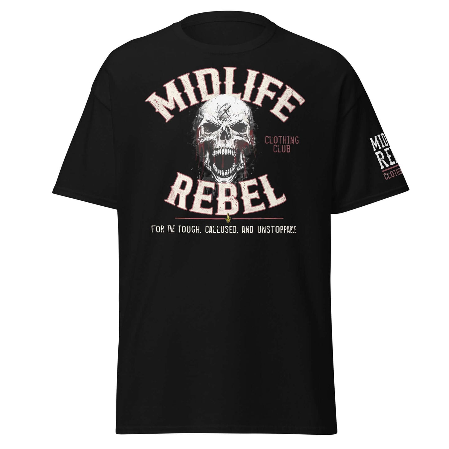 Midlife Rebel skull logo unisex tee for resilient and gritty individuals, celebrating strength and determination in black t-shirt design.
