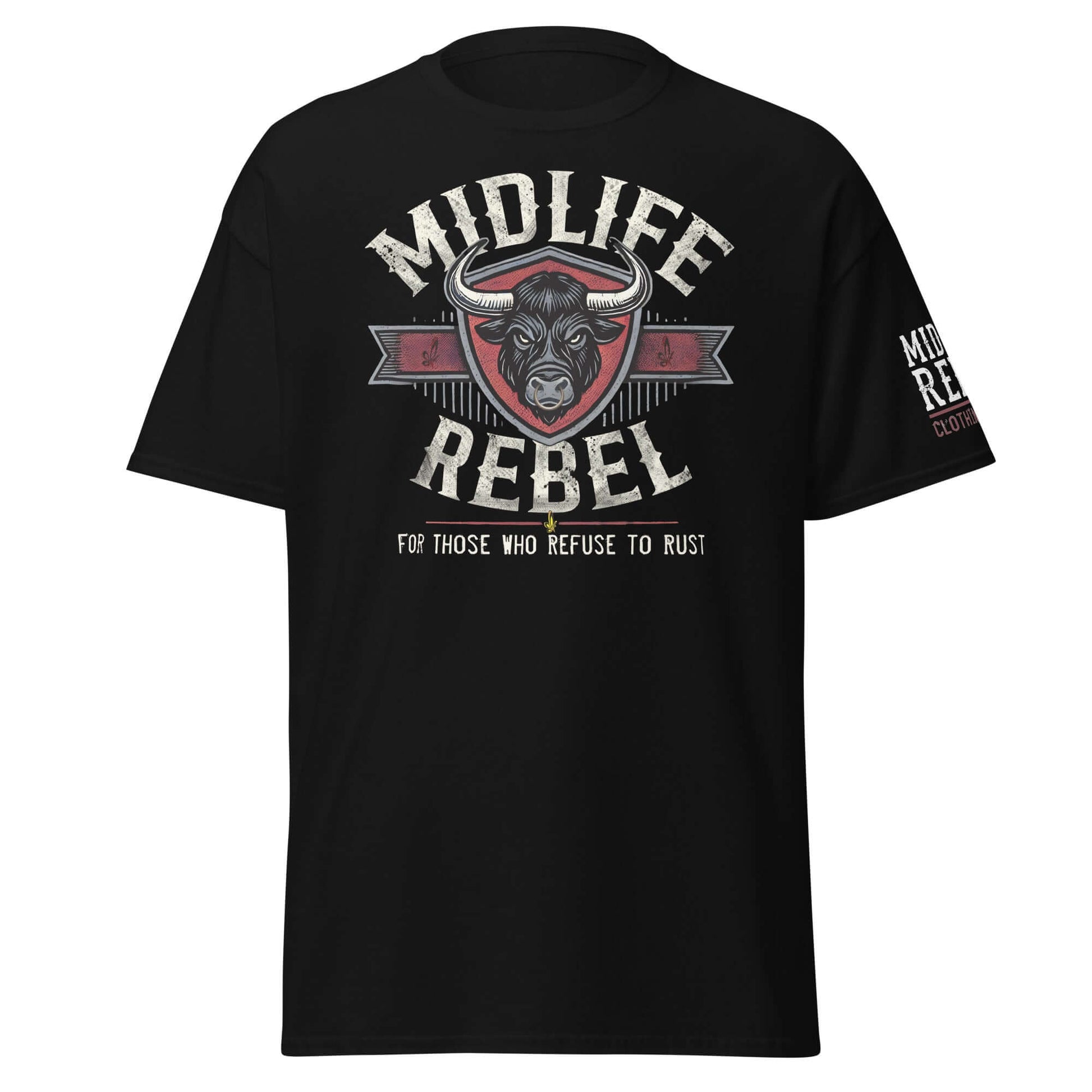 Midlife Rebel Logo Unisex Tee with Bull Design for Resilient Individuals