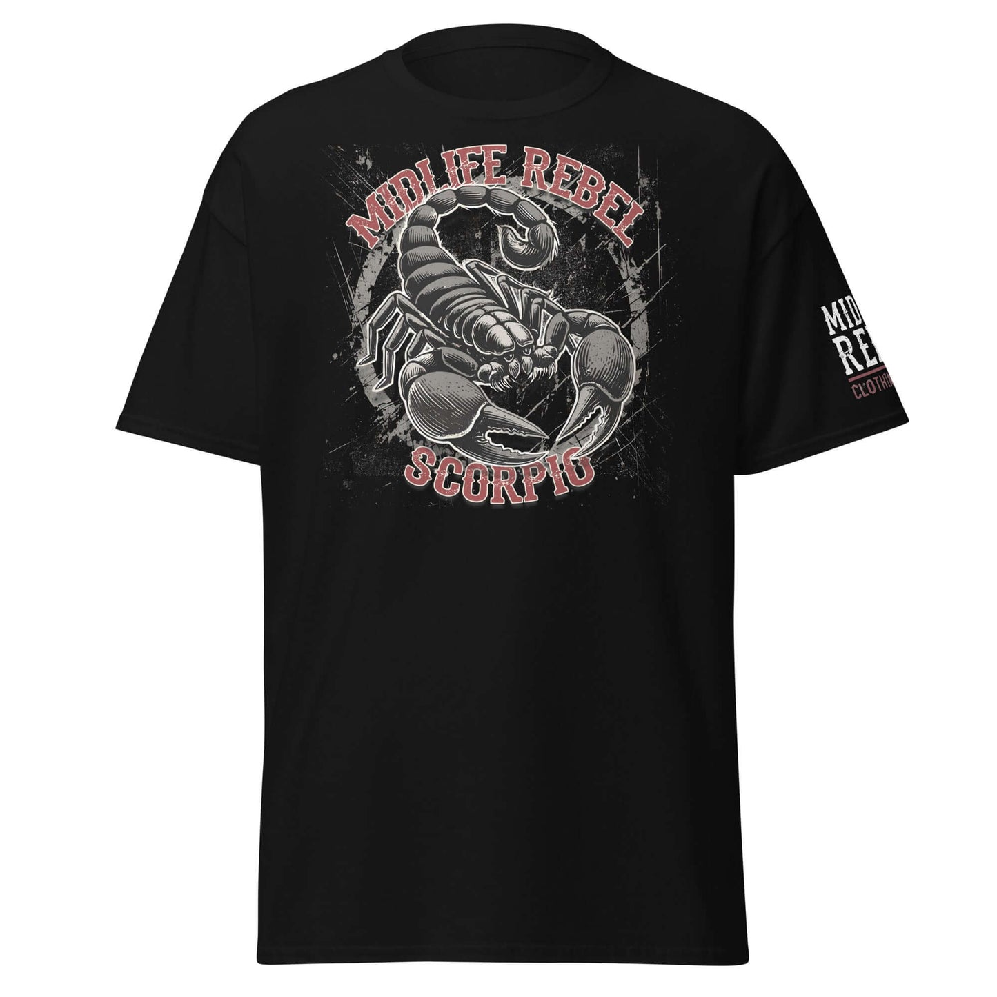Black tee with Scorpio scorpion design, Midlife Rebel text, zodiac apparel for intensity and transformation.