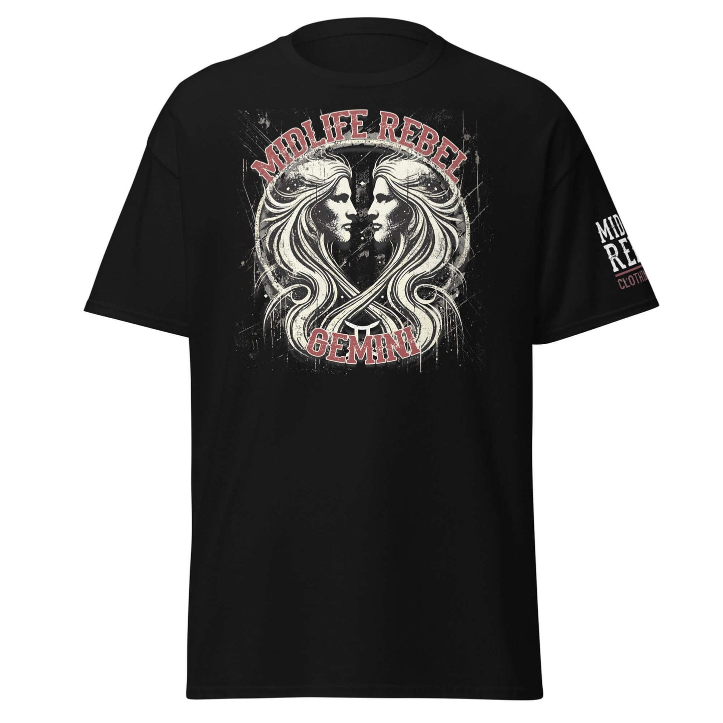 Black Gemini Twins Zodiac T-shirt with abstract twin design, Midlife Rebel branding, astrology apparel, unisex cotton tee.
