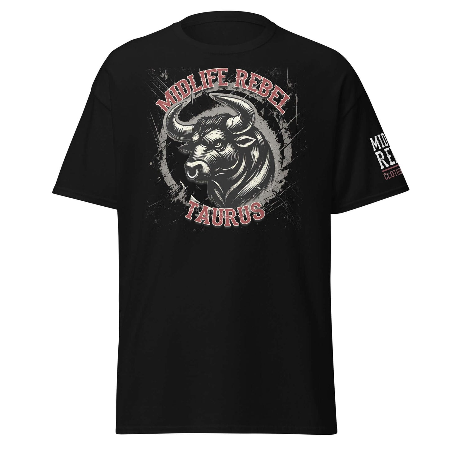 Taurus Bull Zodiac T-shirt with "Midlife Rebel" graphic, black 100% cotton tee, astrology apparel for strength and resilience.