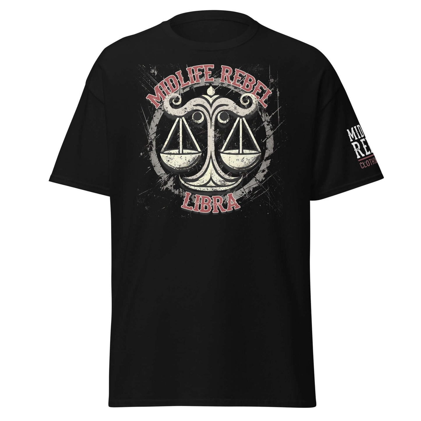 Black Libra Scales T-shirt with Midlife Rebel design, zodiac-themed for astrology and balance, 100% cotton unisex apparel.