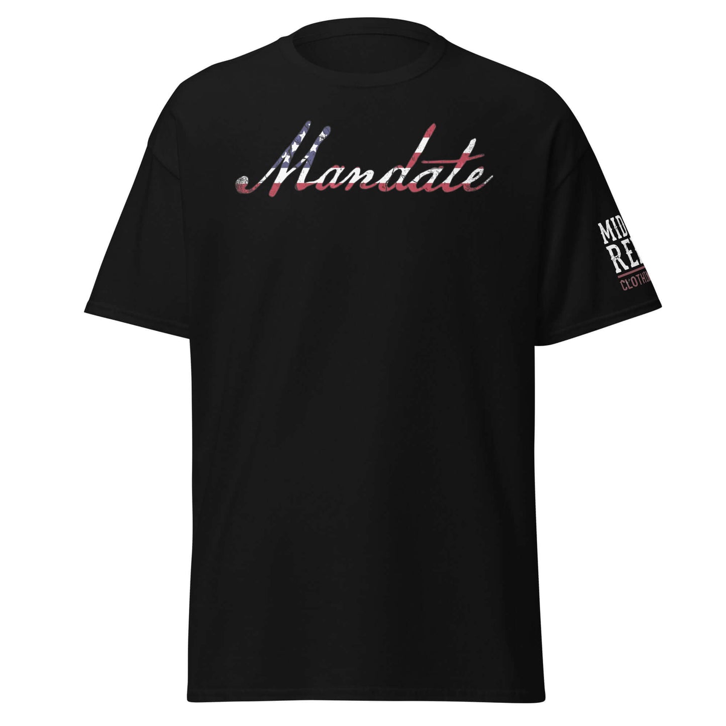 Black Unisex classic tee with "Mandate" in American flag design, symbolizing patriotism and power for the 2024 election.