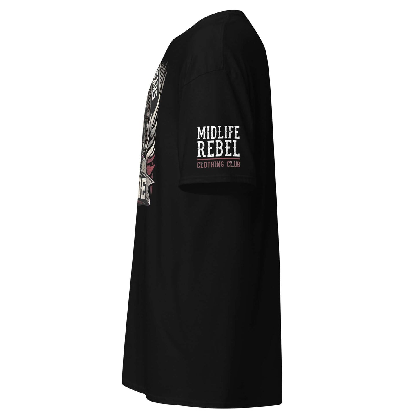 Side view of black unisex tee with "Midlife Rebel" logo, showcasing resilience-themed design.