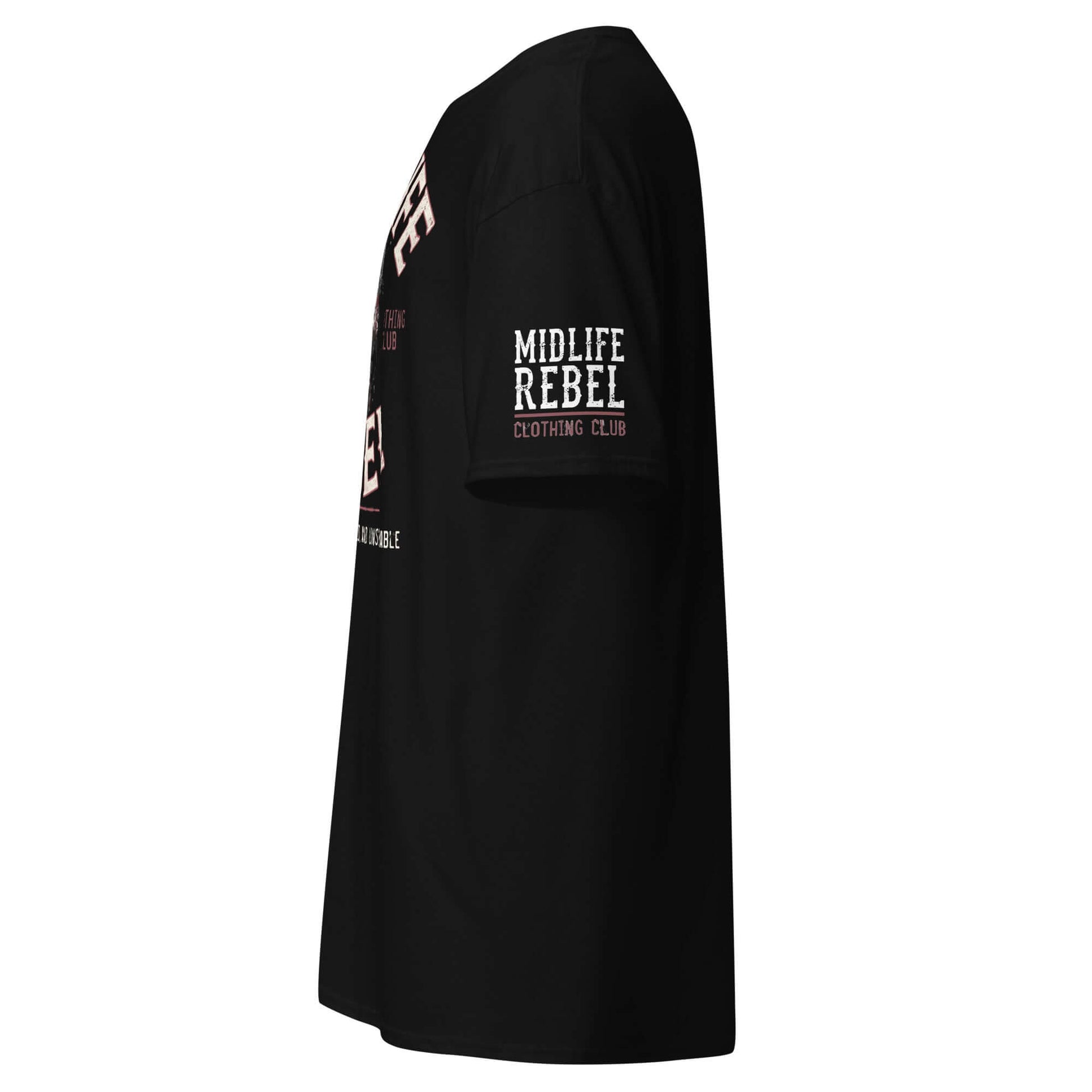 Midlife Rebel Unisex Tee with Skull Logo for Resilient Middle-Aged Individuals, Side View of Black T-Shirt Celebrating Grit and Determination