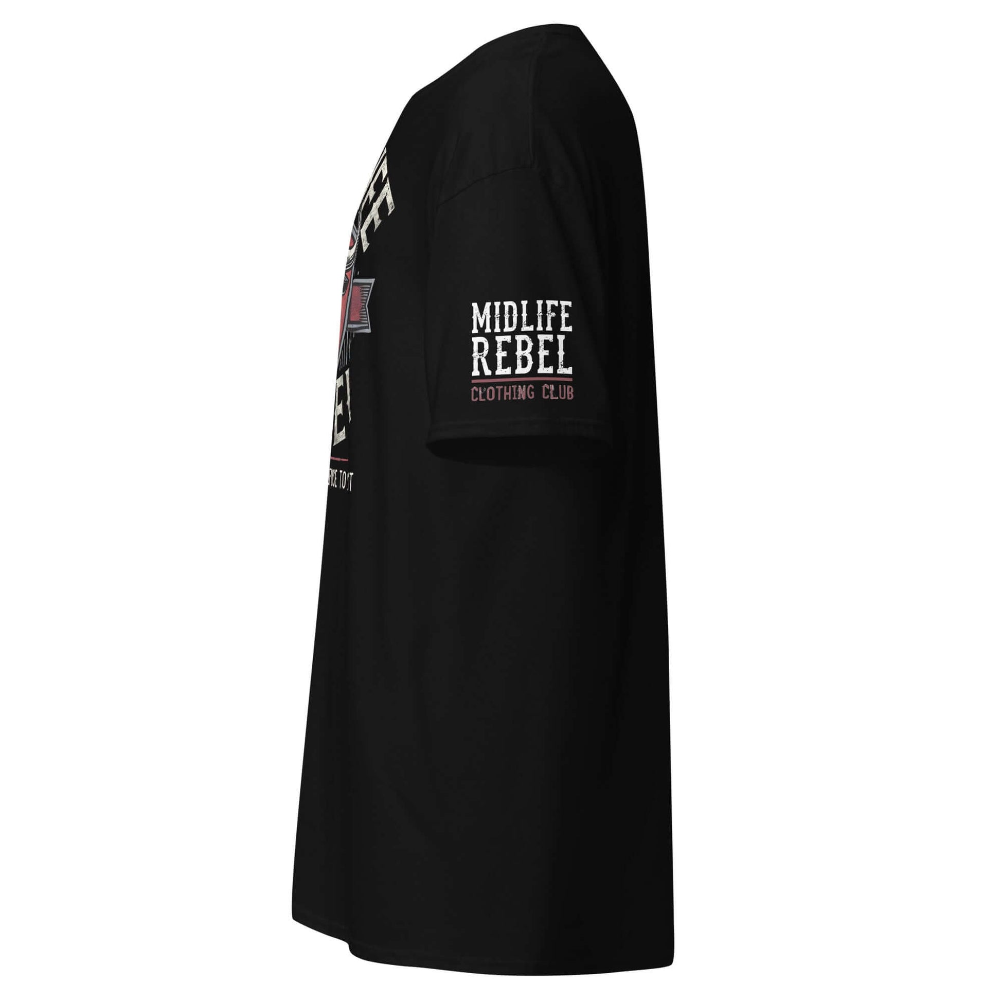 Side view of black Midlife Rebel unisex t-shirt featuring bold branding, celebrating resilience and individuality.