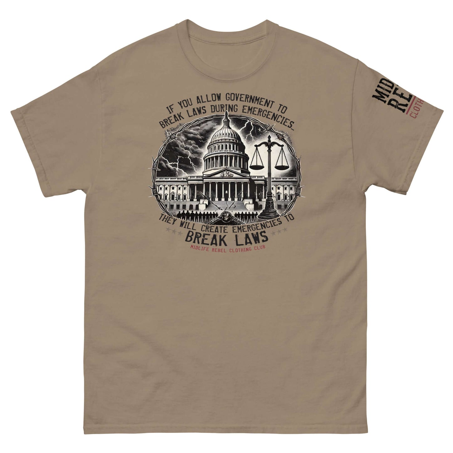 Political tee with crumbling government building and scales of justice, promoting resistance against unchecked power and legal fragility.