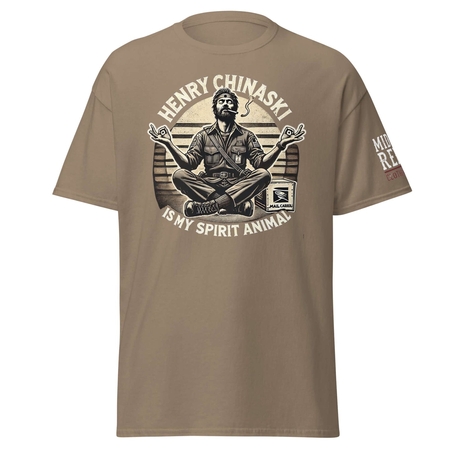Unisex tee with Henry Chinaski graphic and "Henry Chinaski Is My Spirit Animal" text from Bukowski Collection, midlife rebel theme.