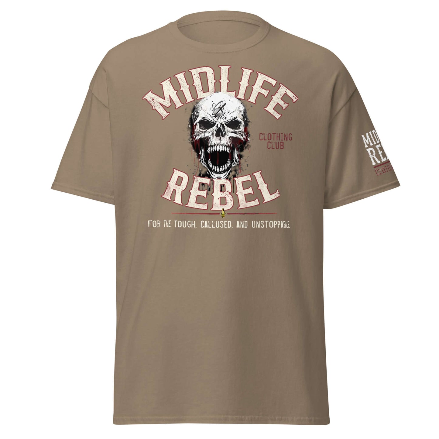 Midlife Rebel unisex tee featuring a bold skull logo and slogan for resilient and unstoppable middle-aged individuals.