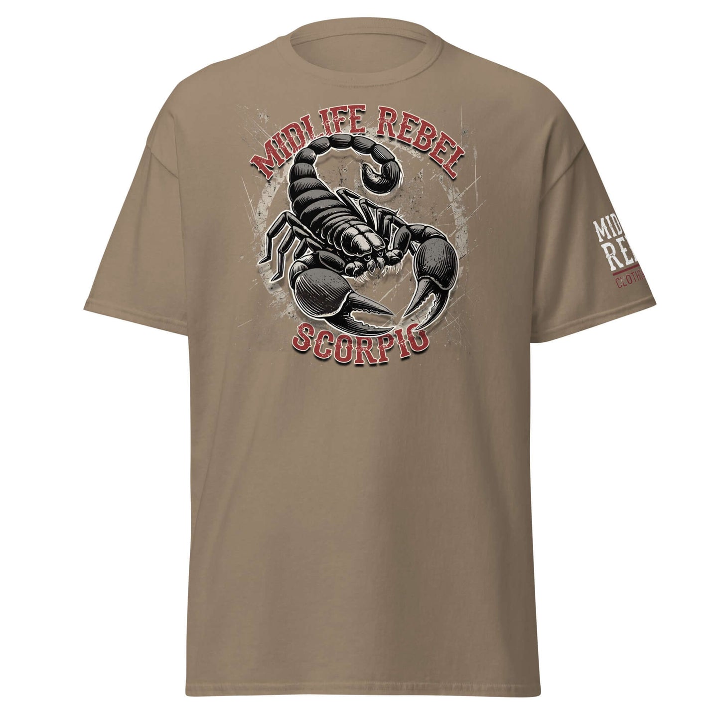 Scorpio Scorpion Zodiac T-shirt featuring Midlife Rebel design, representing intensity and transformation in astrology apparel.