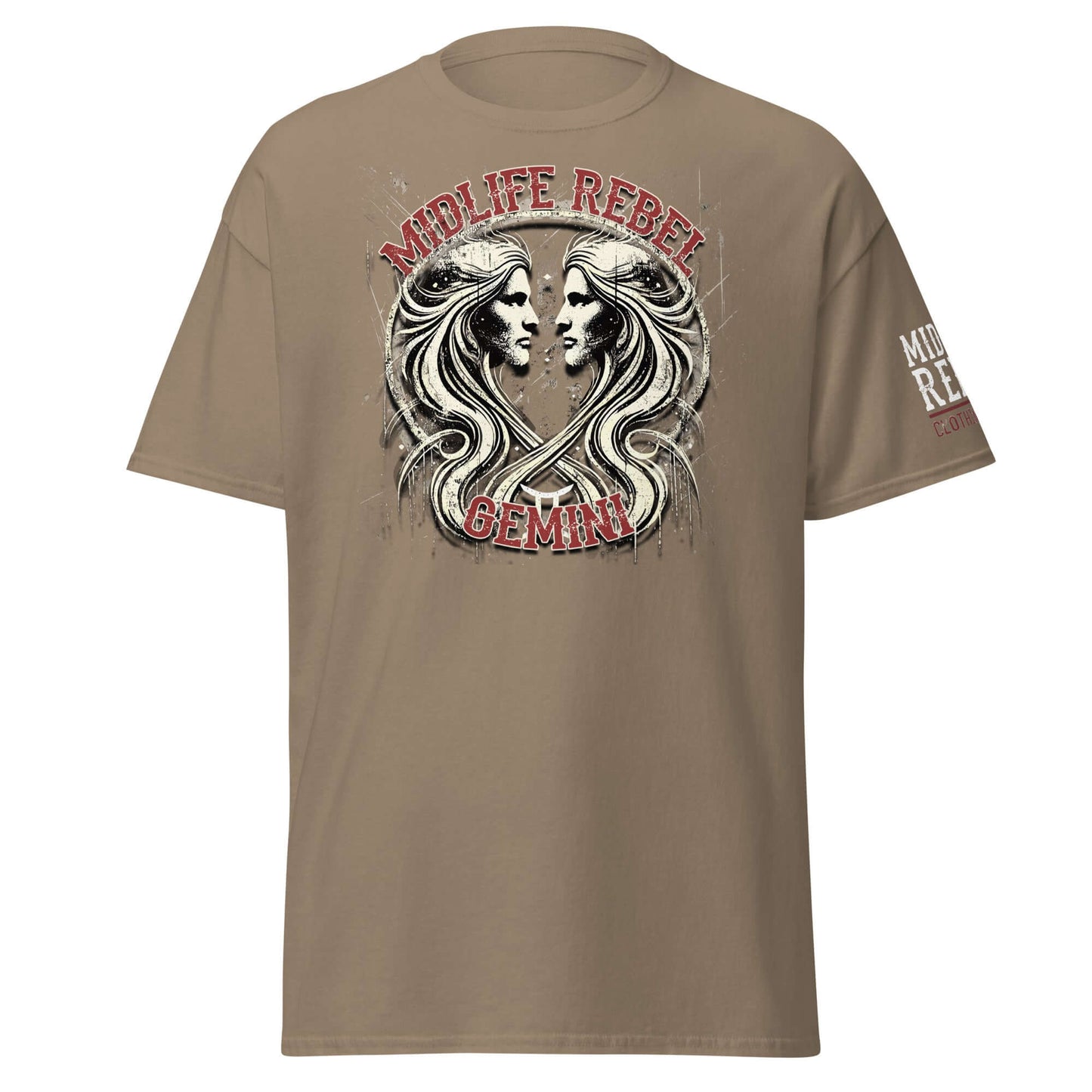 Gemini Twins Zodiac T-shirt featuring abstract twin design and Midlife Rebel text, unisex cotton apparel for astrology enthusiasts.