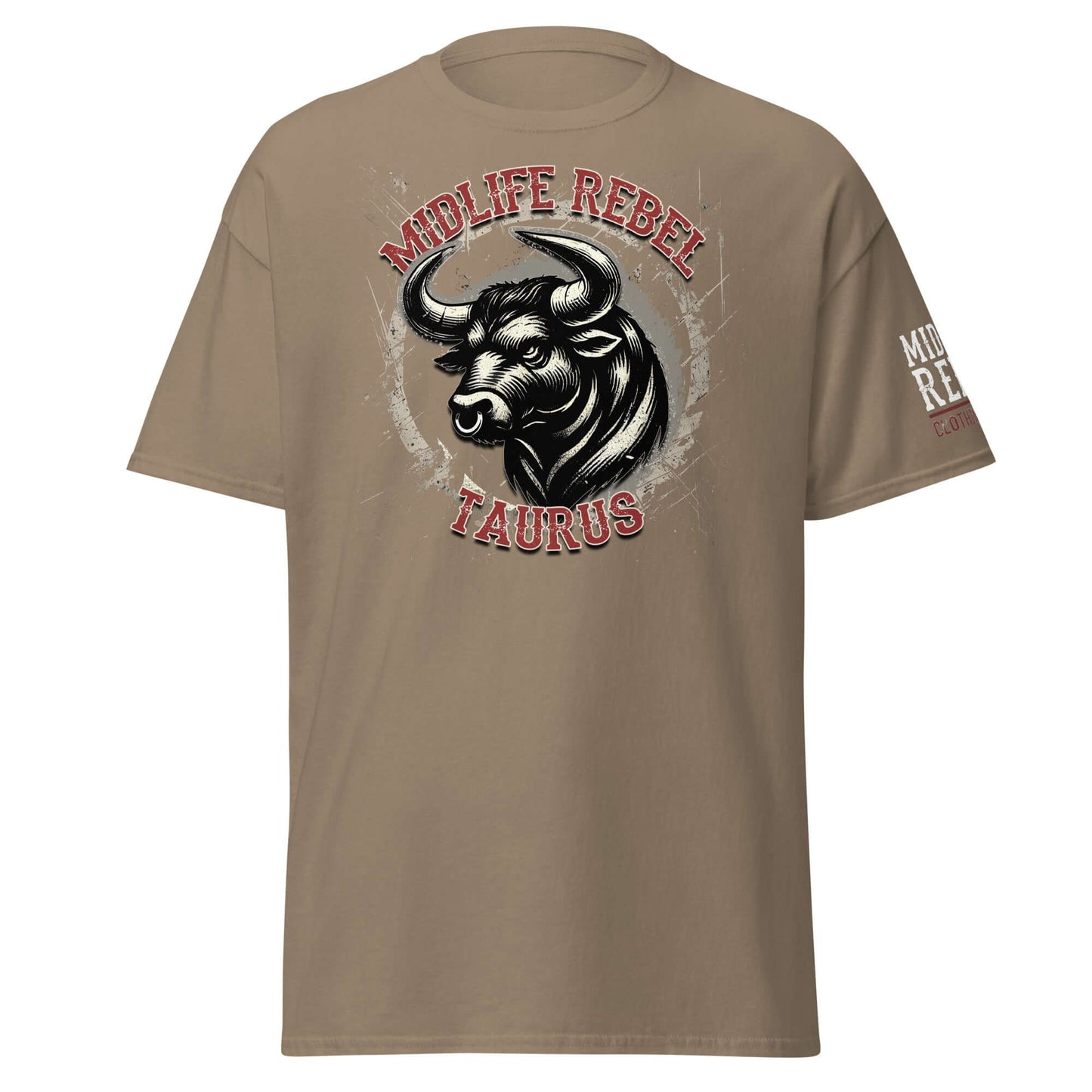 Brown unisex T-shirt featuring Midlife Rebel Taurus Bull graphic, highlighting Taurus zodiac strength and resilience in astrology apparel.