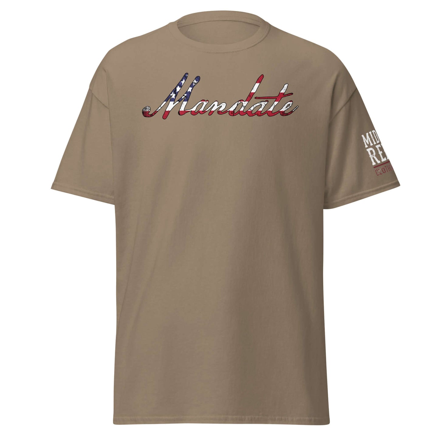 Natural Unisex classic tee with "Mandate" in American flag design, symbolizing patriotism and power for the 2024 election.
