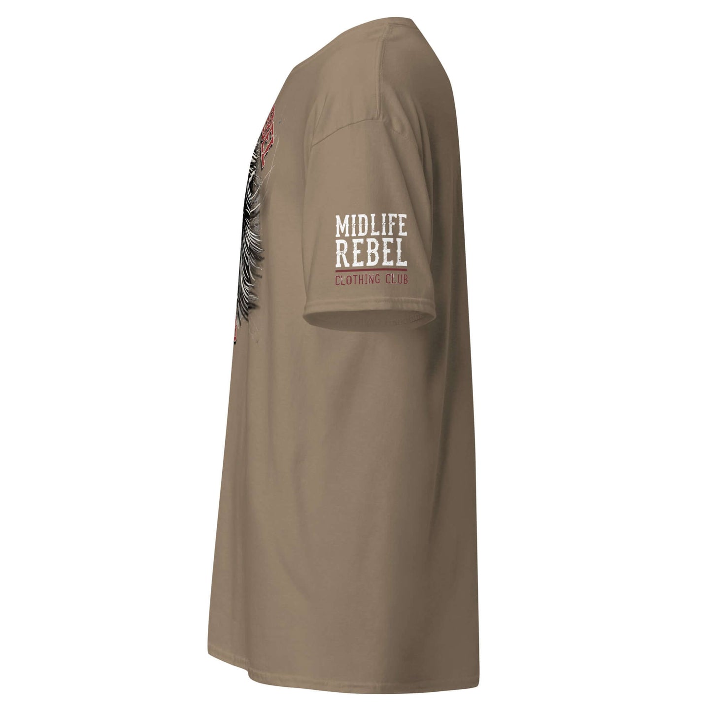 Side view of Leo Lion Zodiac T-shirt in tan by Midlife Rebel with lion design on chest, perfect for astrology and streetwear outfits.