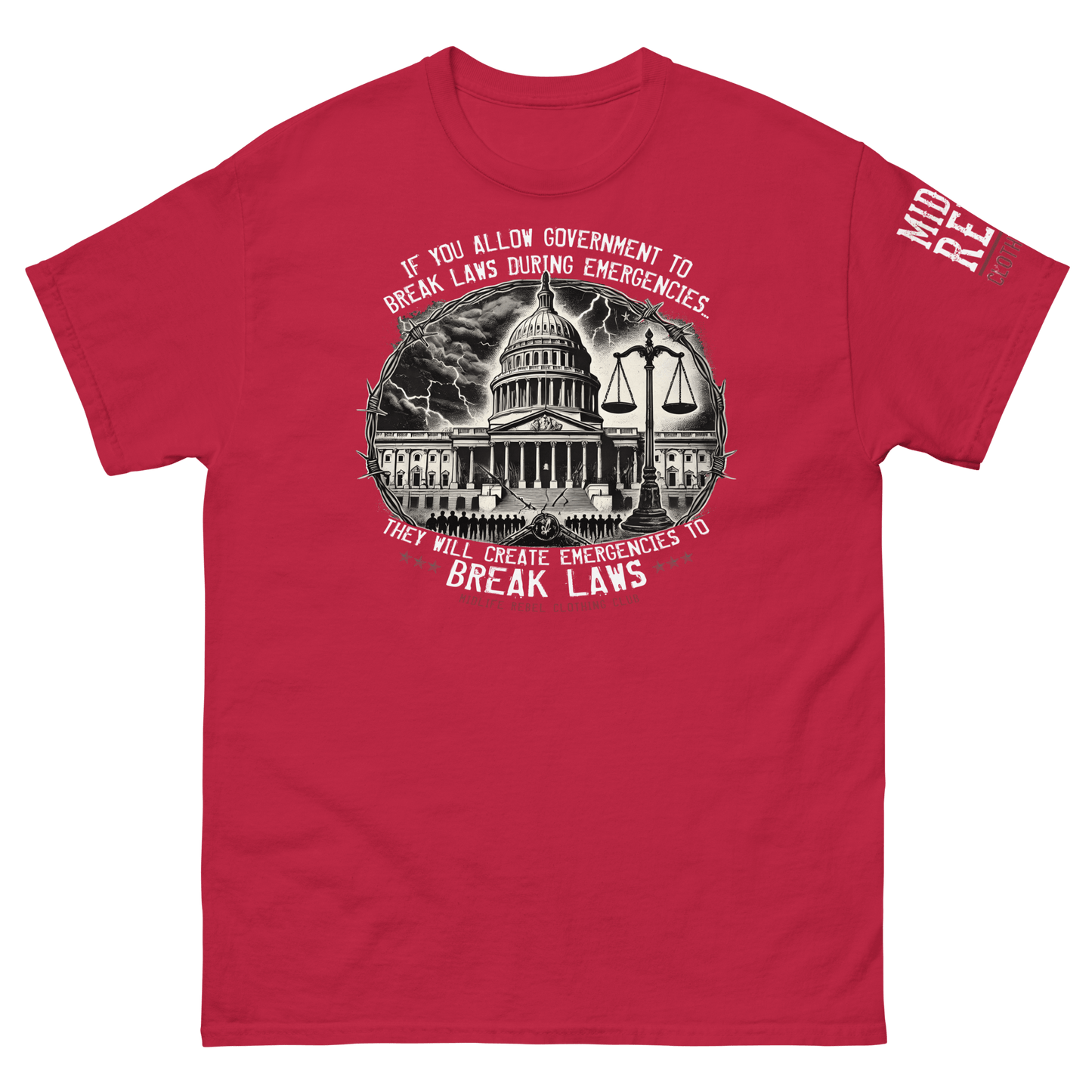 Red classic tee with political message and graphic of crumbling government building and scales of justice from Midlife Rebel Collection.