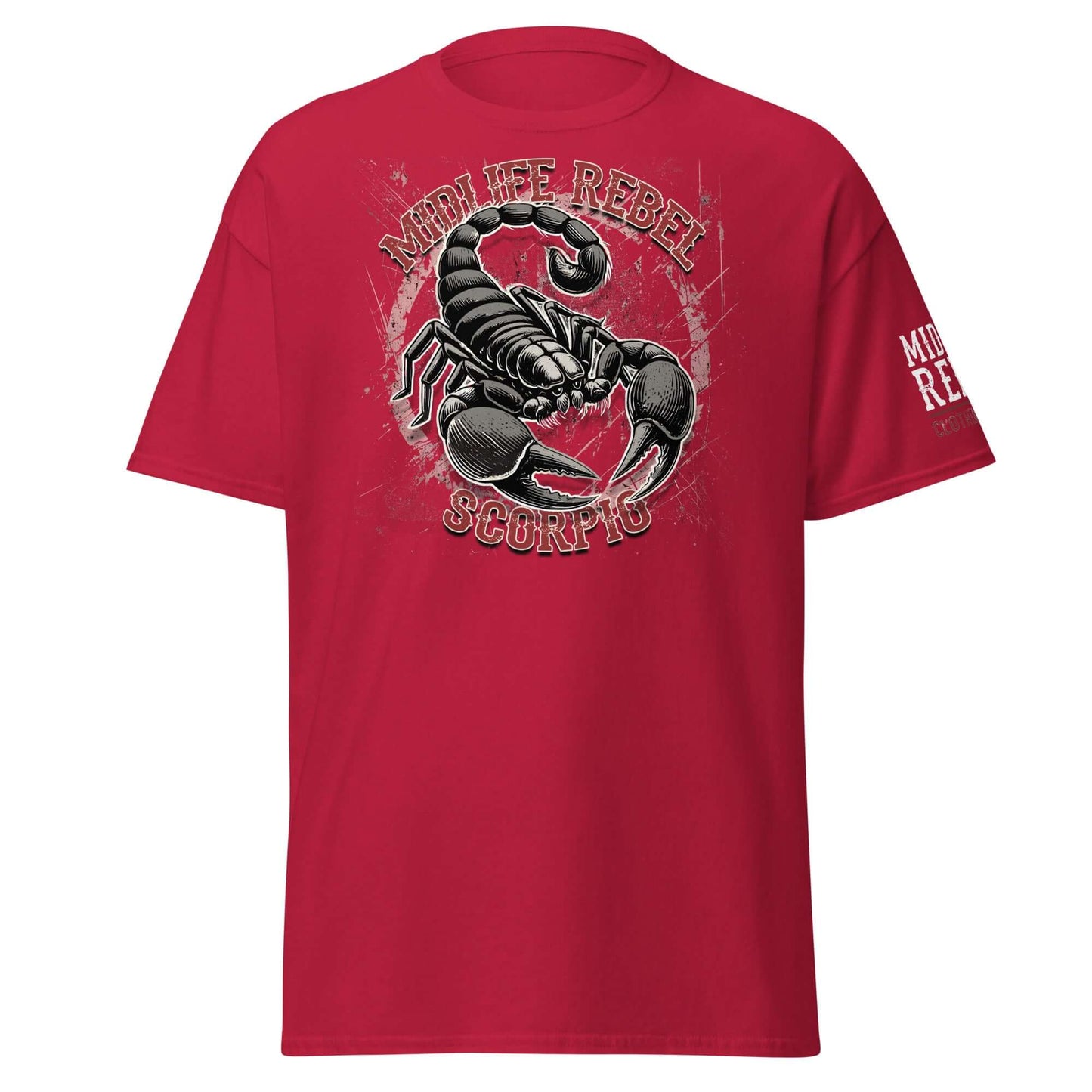 Red Scorpio Scorpion Zodiac T-shirt featuring astrology apparel design with intense scorpion graphic by Midlife Rebel.