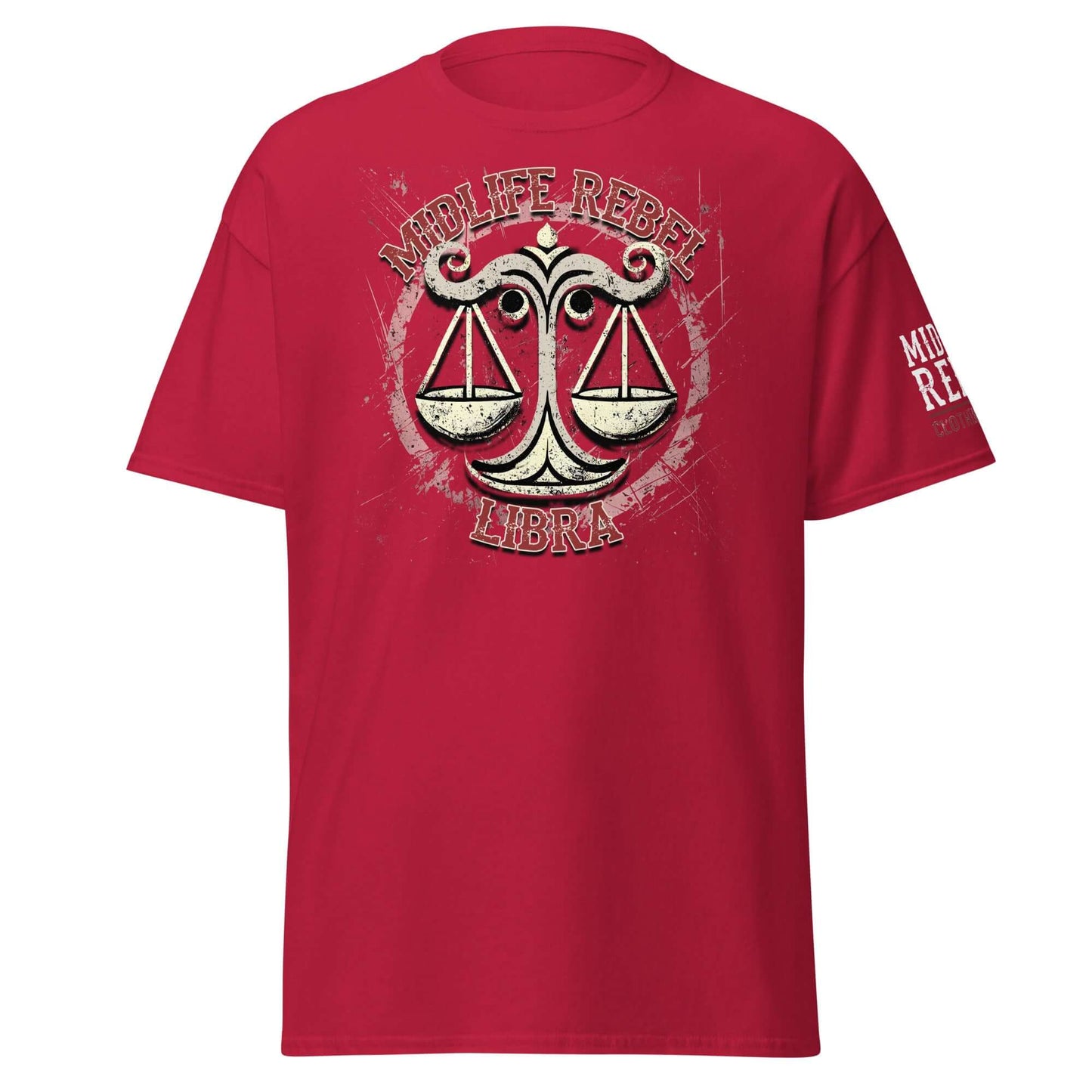 Red unisex Libra zodiac t-shirt featuring abstract scales design labeled Midlife Rebel, symbolizing justice and harmony.