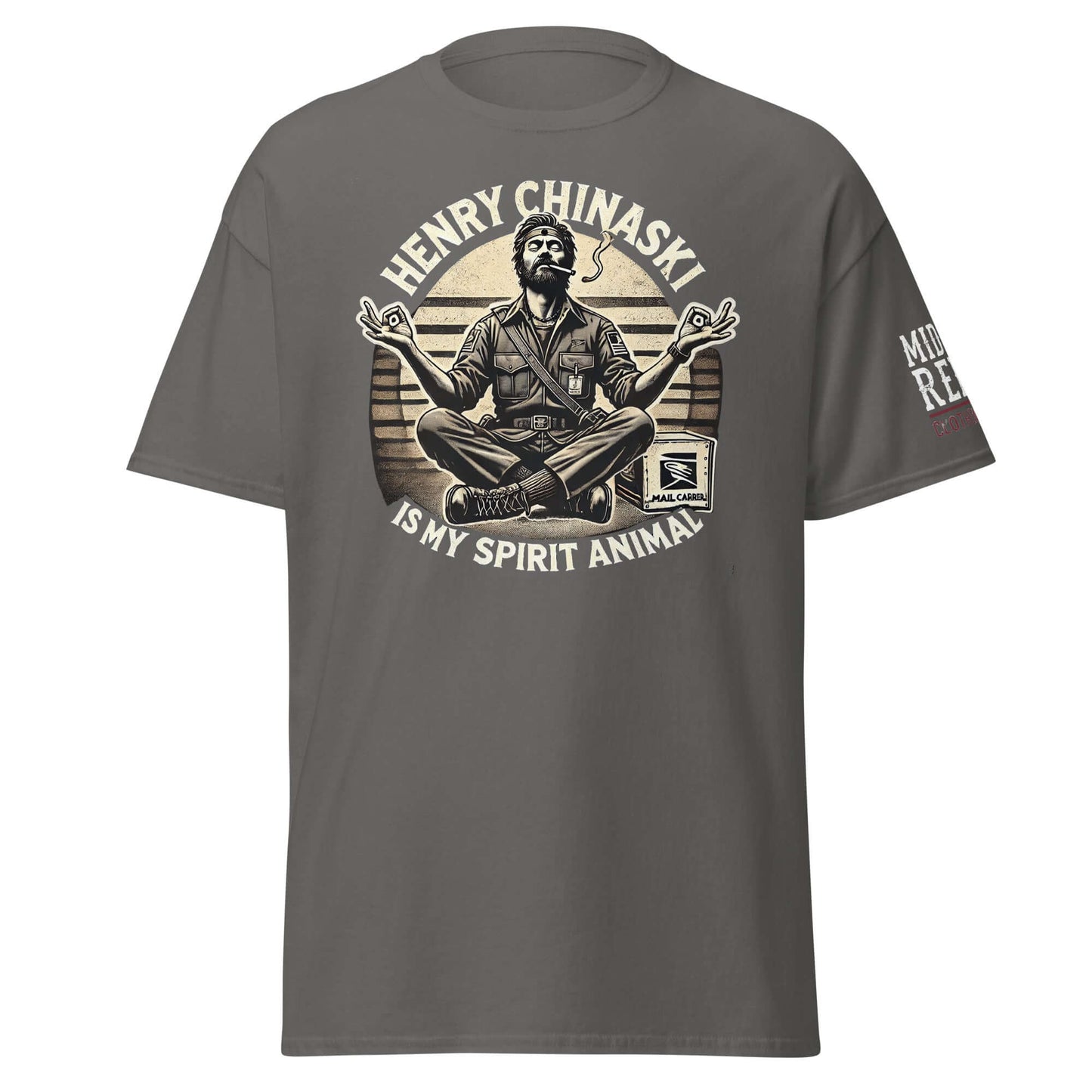 Unisex classic tee with "Henry Chinaski Is My Spirit Animal" design, celebrating literary alter ego of Charles Bukowski.