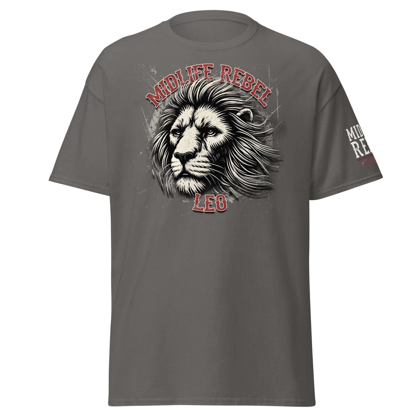 Leo Lion Zodiac T-shirt featuring a bold lion design and 'Midlife Rebel' text, perfect astrology apparel for confident Leo personalities.