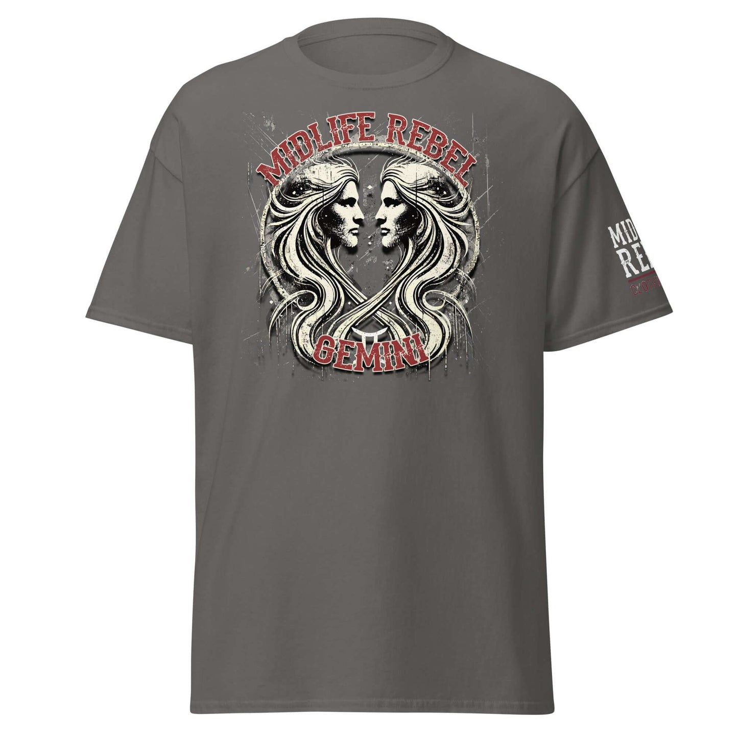 Grey Gemini Twins T-shirt with abstract twin design, Midlife Rebel logo, astrology-inspired unisex apparel.