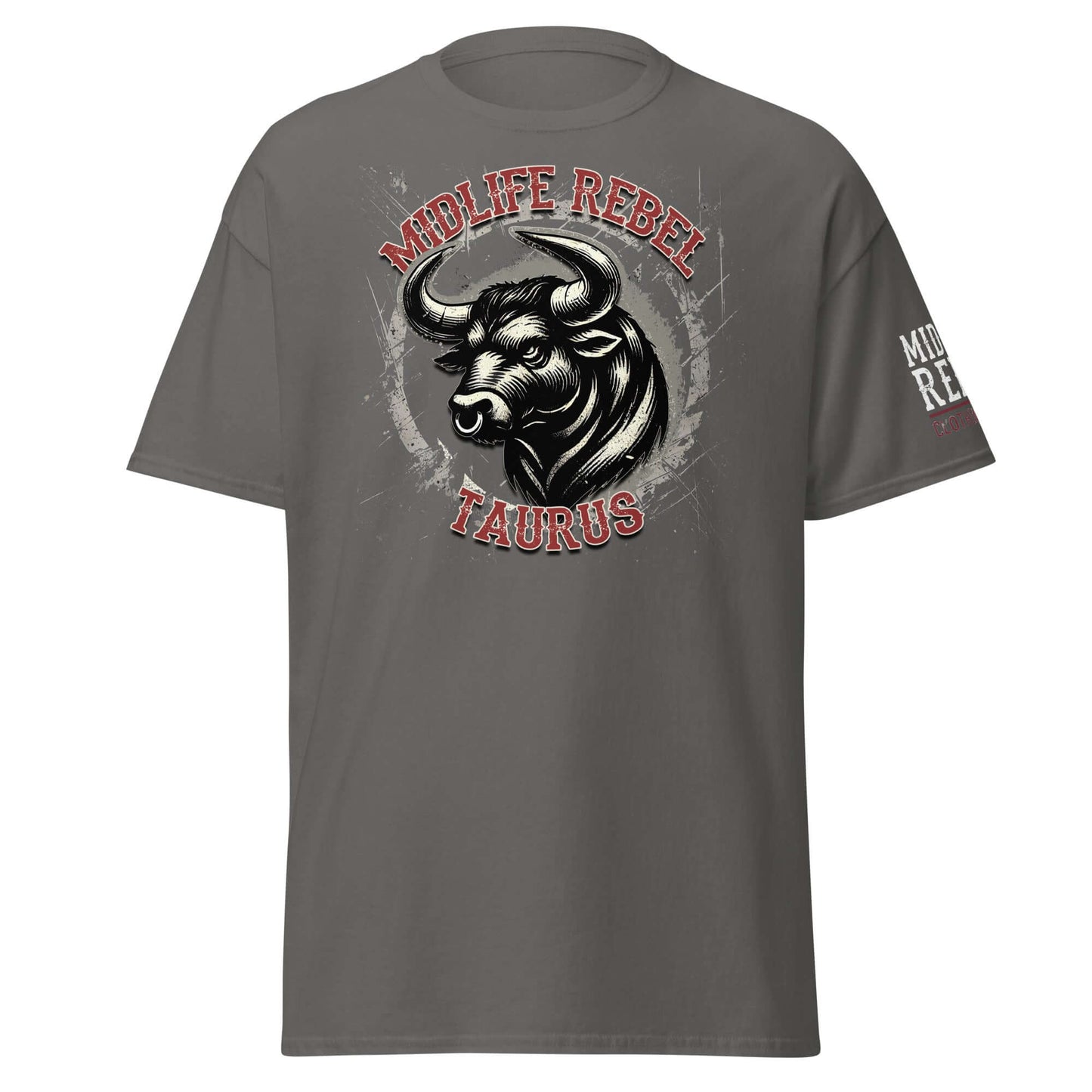 Taurus Bull Zodiac T-shirt with Midlife Rebel design, showcasing strength and resilience in astrology apparel.