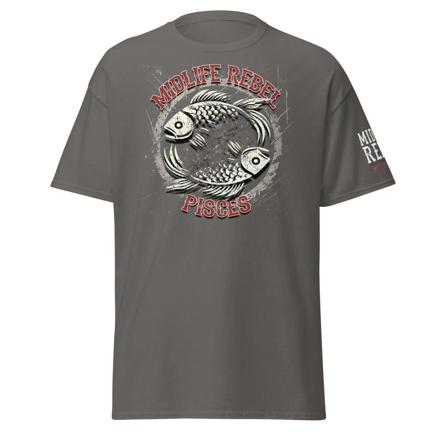 Pisces zodiac t-shirt with fish design, grey unisex cotton, shows duality and creativity, ideal for astrology enthusiasts.