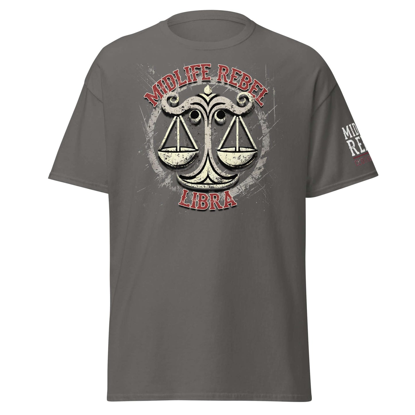 Midlife Rebel Libra Scales T-shirt in gray, featuring abstract design symbolizing justice, harmony, and strength.