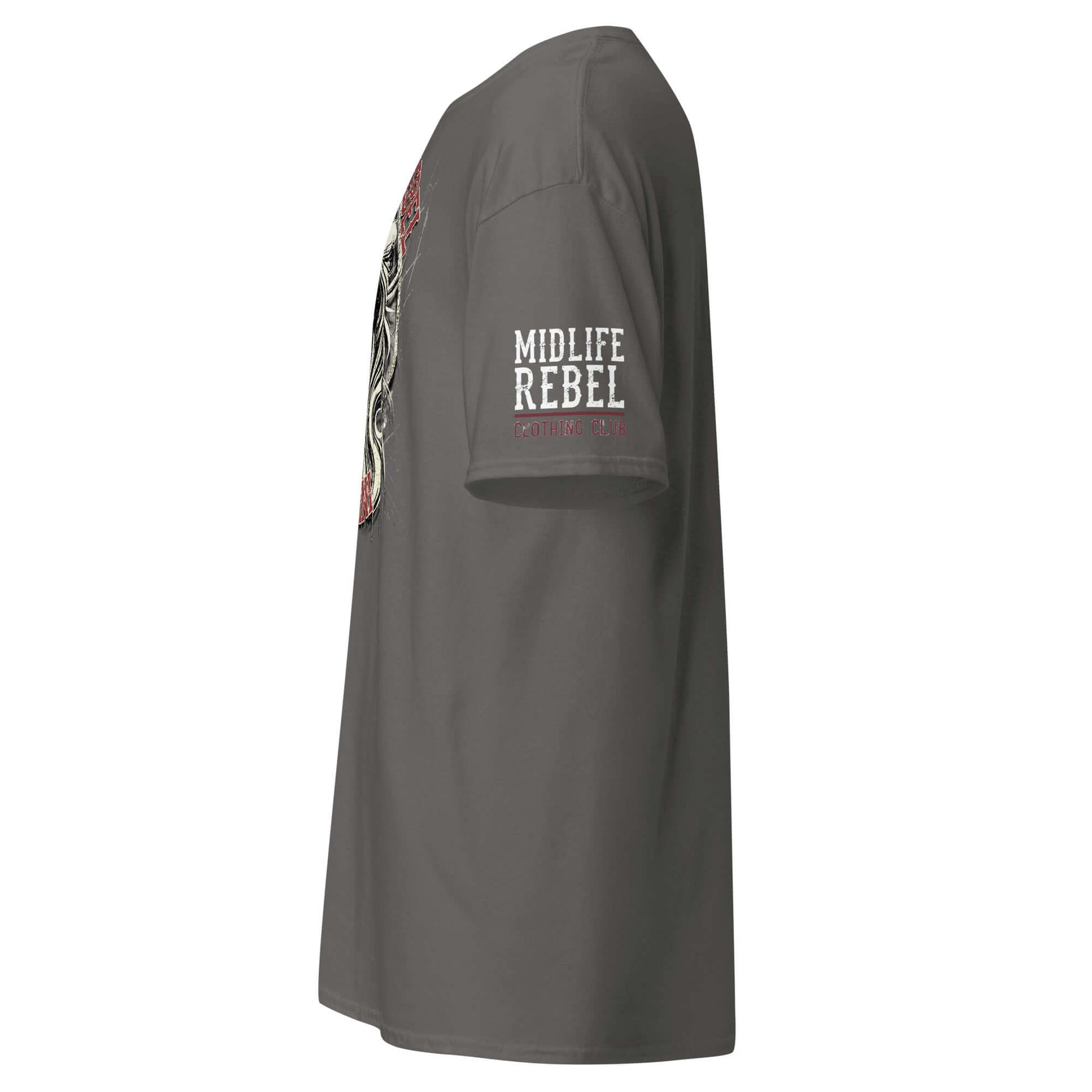 Side view of Gemini Twins Zodiac T-shirt showcasing Midlife Rebel design, perfect for a structured streetwear look.
