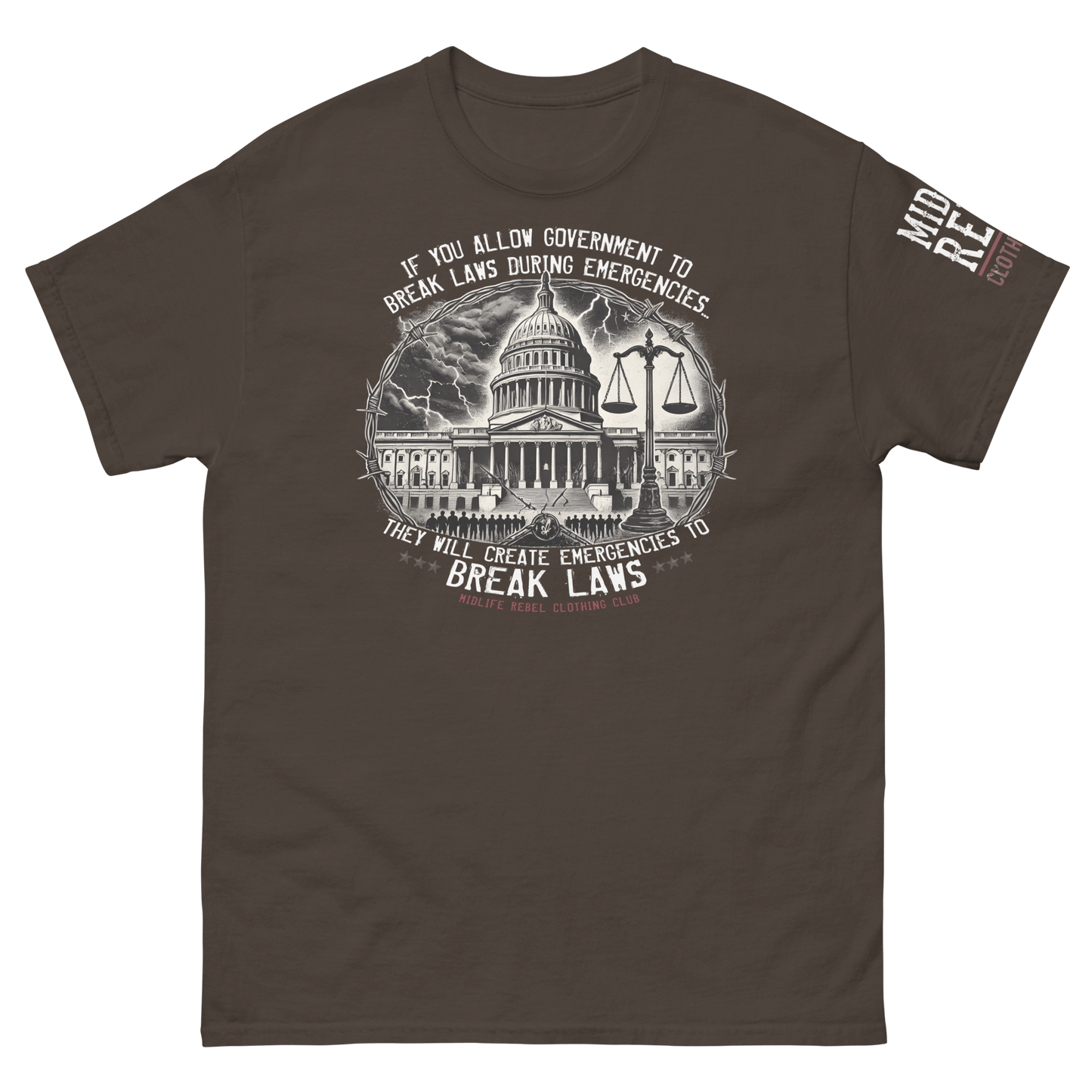 Political t-shirt with crumbling government building and broken scales of justice, highlighting unchecked power risks.