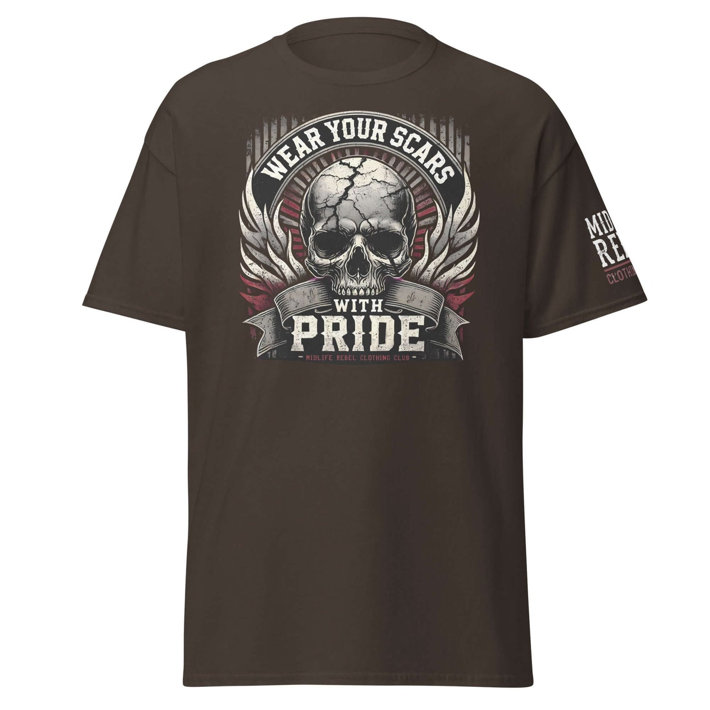 Unisex classic tee with "Wear Your Scars With Pride" skull design, celebrating resilience and grit in 100% cotton.