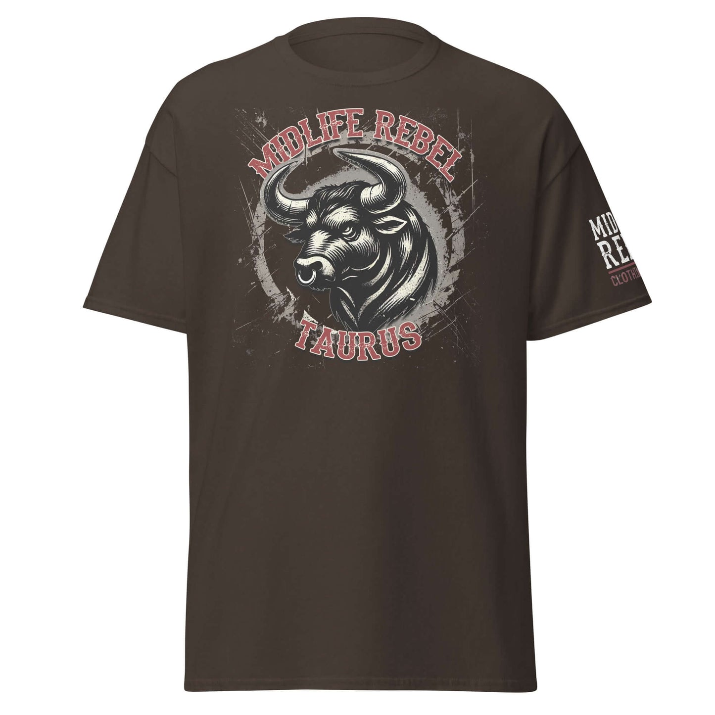 Taurus Bull Zodiac T-shirt with Midlife Rebel design, showcasing grit and resilience, perfect for astrology enthusiasts.