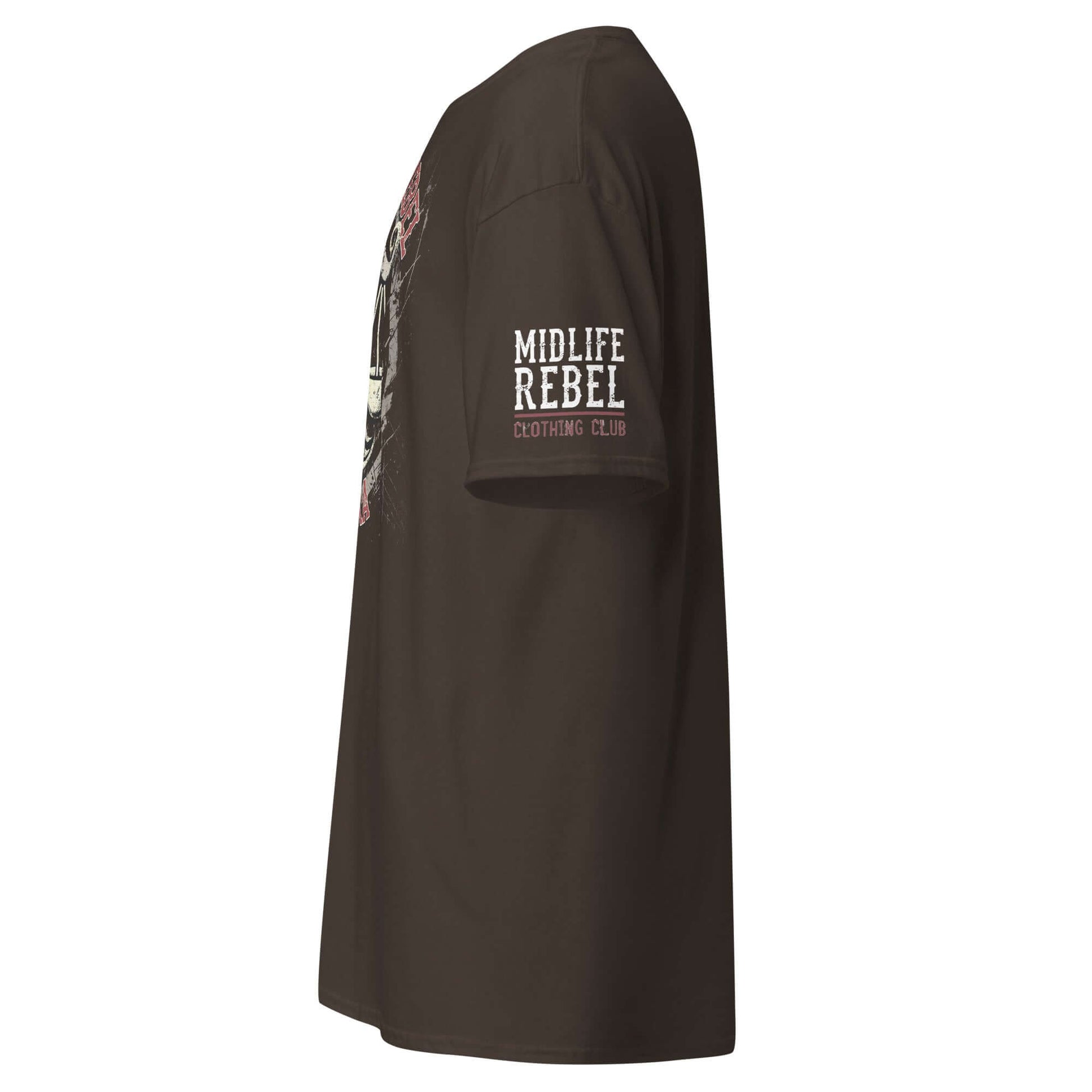 Side view of black Libra Scales Zodiac T-shirt featuring Midlife Rebel design for astrology enthusiasts. Unisex cotton tee.