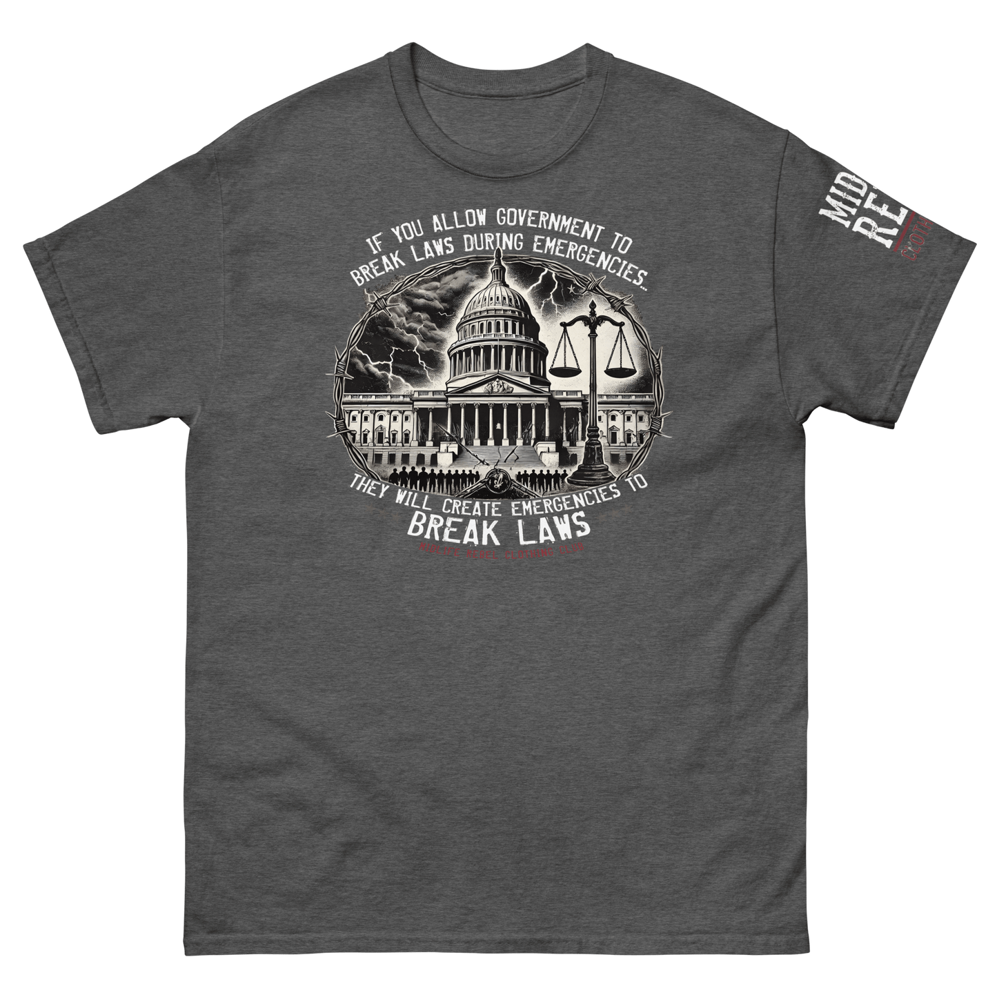 Political tee with crumbling government building and scales of justice, featuring quote on government power and emergencies.