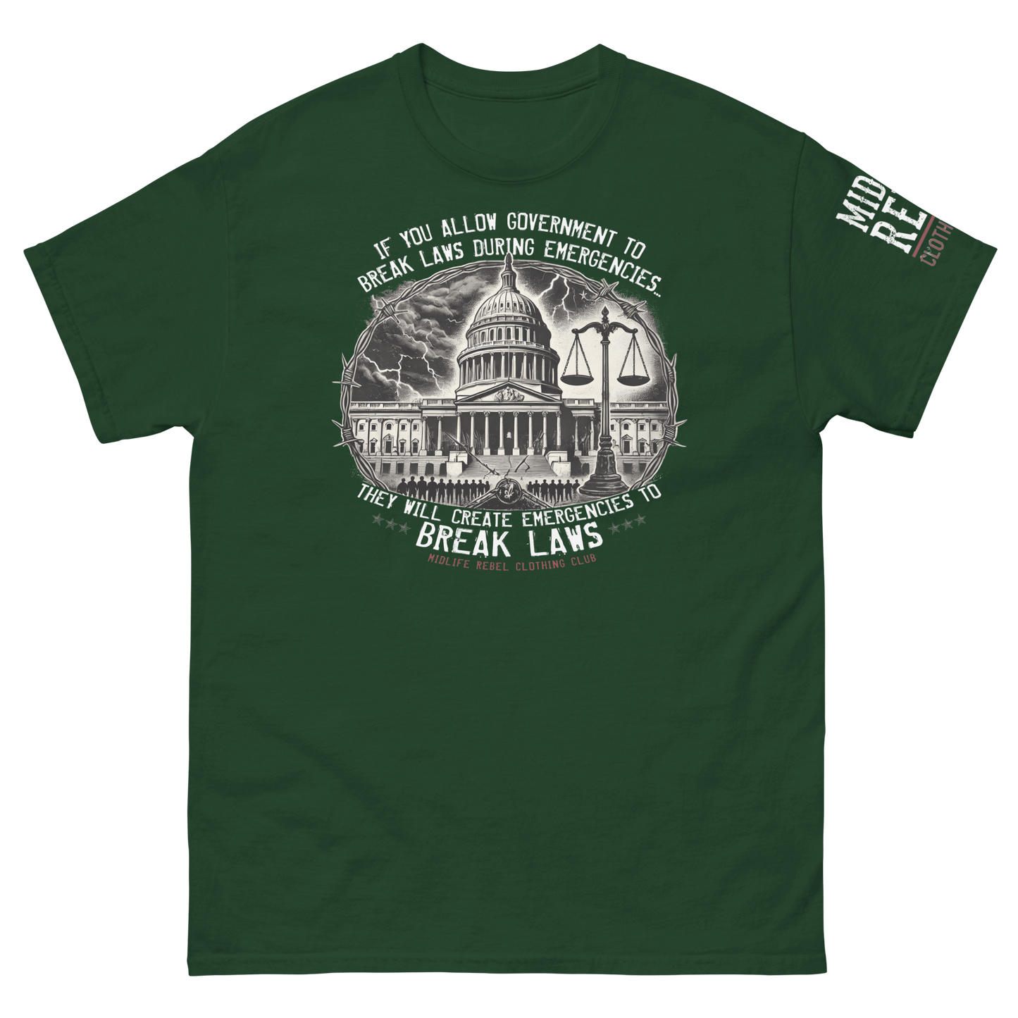 Political tee with crumbling government building and broken scales, highlighting unchecked power abuse message.