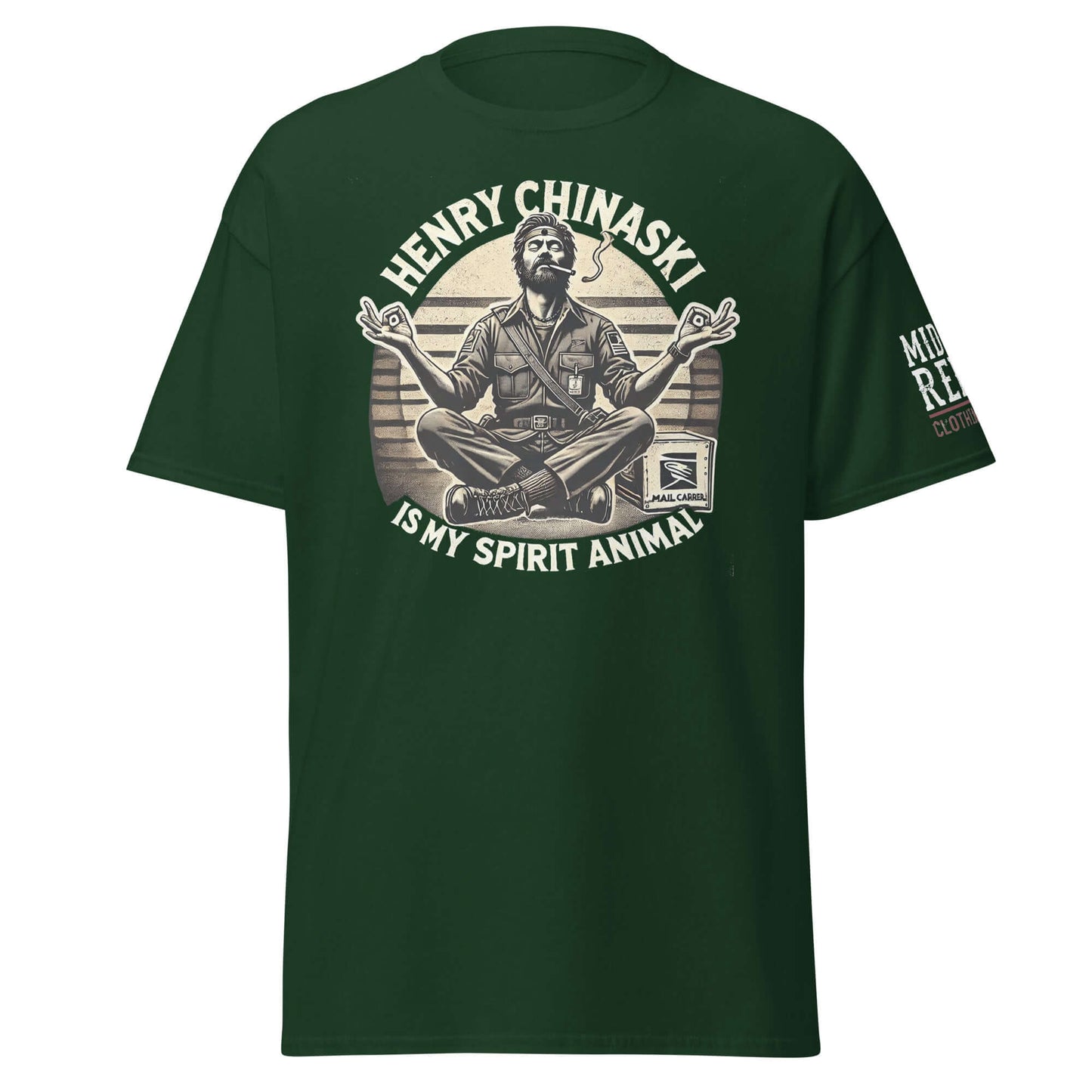Unisex classic tee featuring a "Henry Chinaski Is My Spirit Animal" design, celebrating grit and rebellion in Bukowski's Chinaski style.
