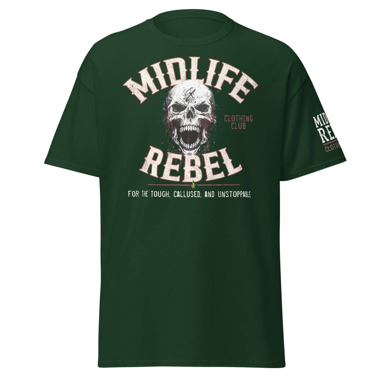 Midlife Rebel unisex classic tee with skull logo, green color, bold design for resilient men and women, celebrating individuality and grit.