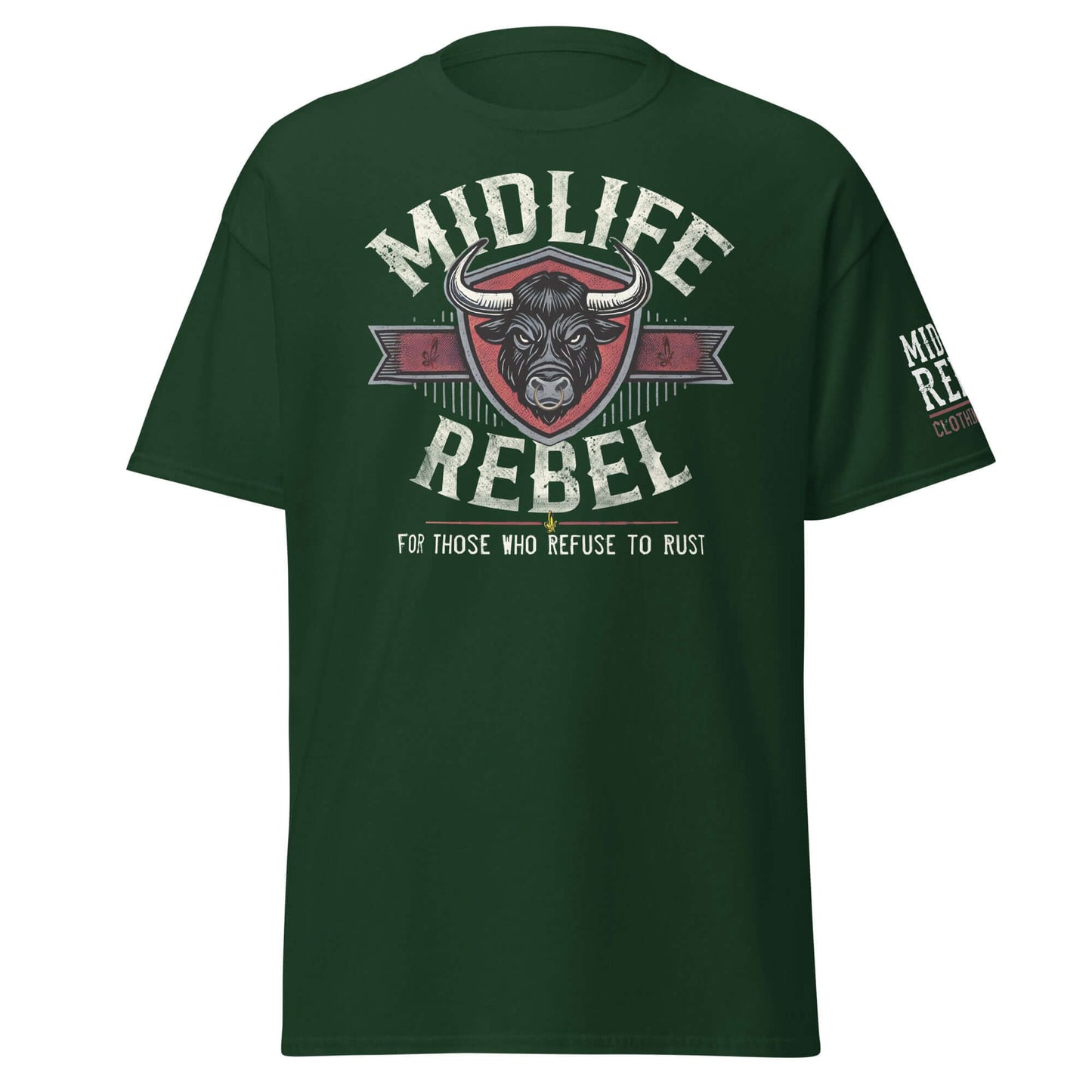 Midlife Rebel Unisex Classic Tee with Bull Logo - Bold Gritty Green T-Shirt for Resilient Individuals