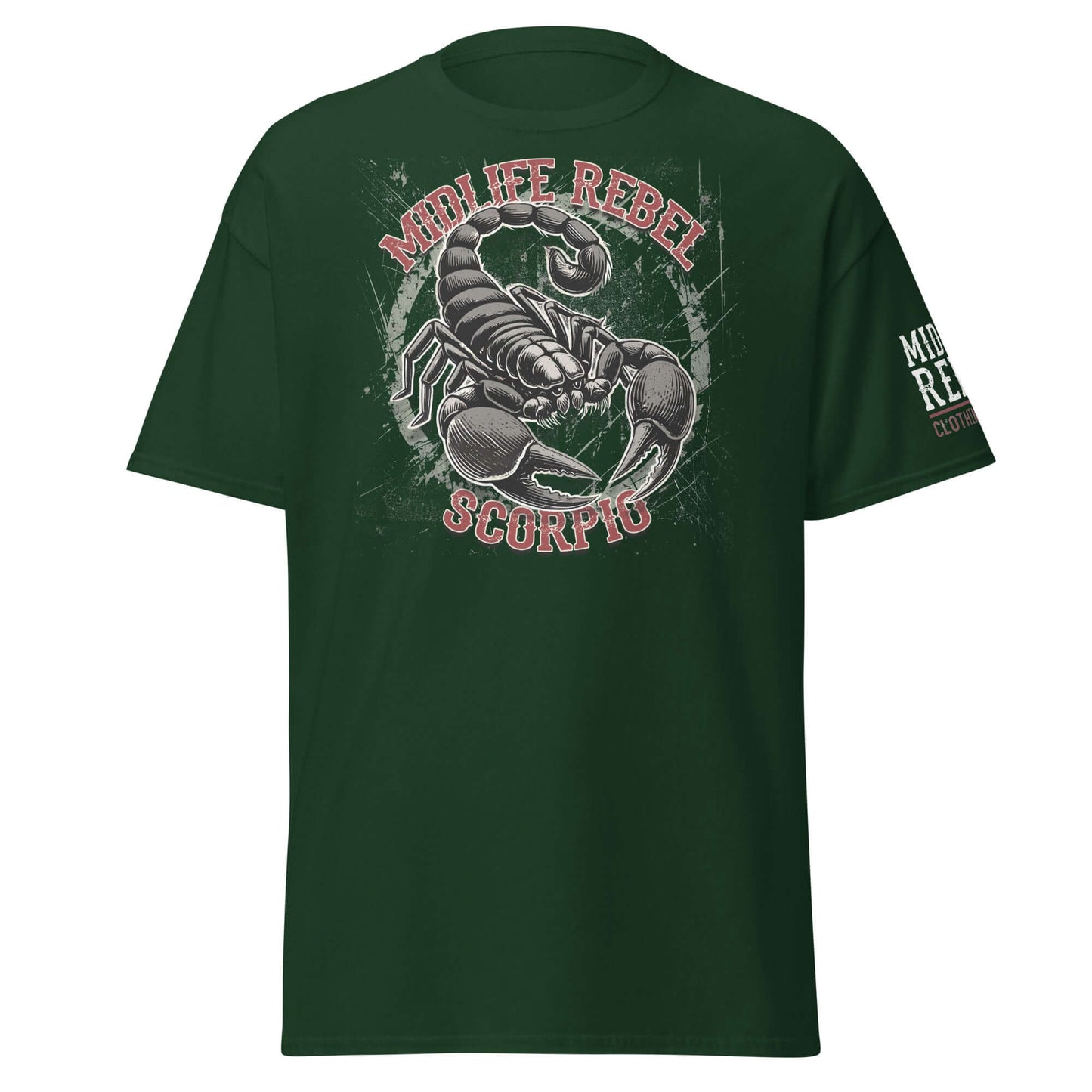 Scorpio Scorpion Zodiac T-shirt in dark green featuring Midlife Rebel design, perfect for astrology enthusiasts seeking intense style.